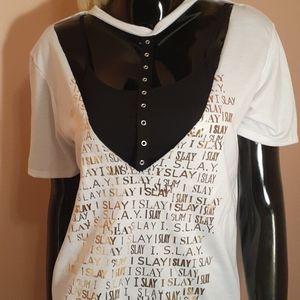 White casual shirt,says "I Slay" in gold print